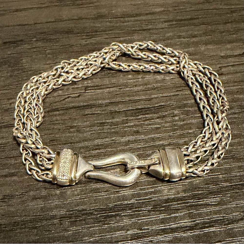 Designer P Sterling Silver 14k Gold Natural Diamond Woven Chain Bracelet 925
